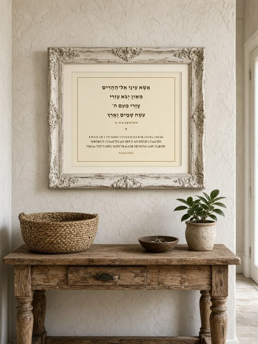 Framed bilingual print of Psalm 121:1–2