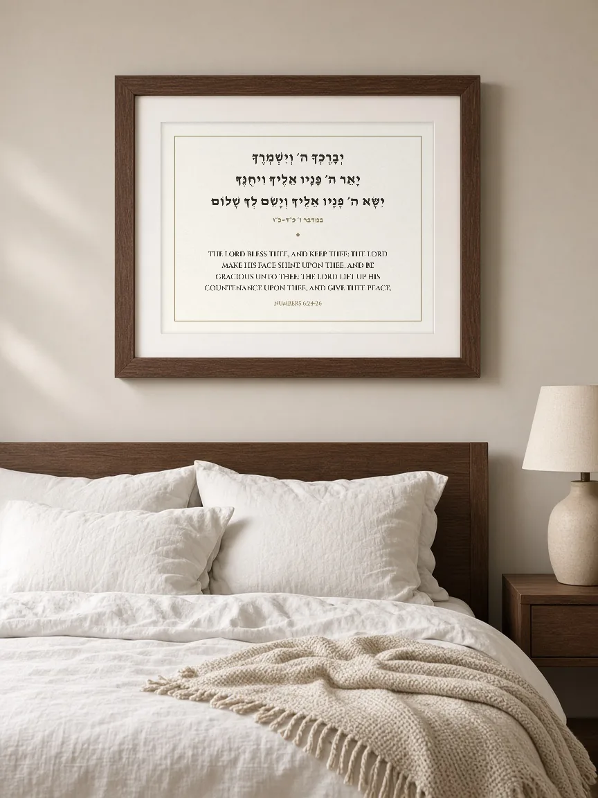 Framed bilingual print of Numbers 6:24–26